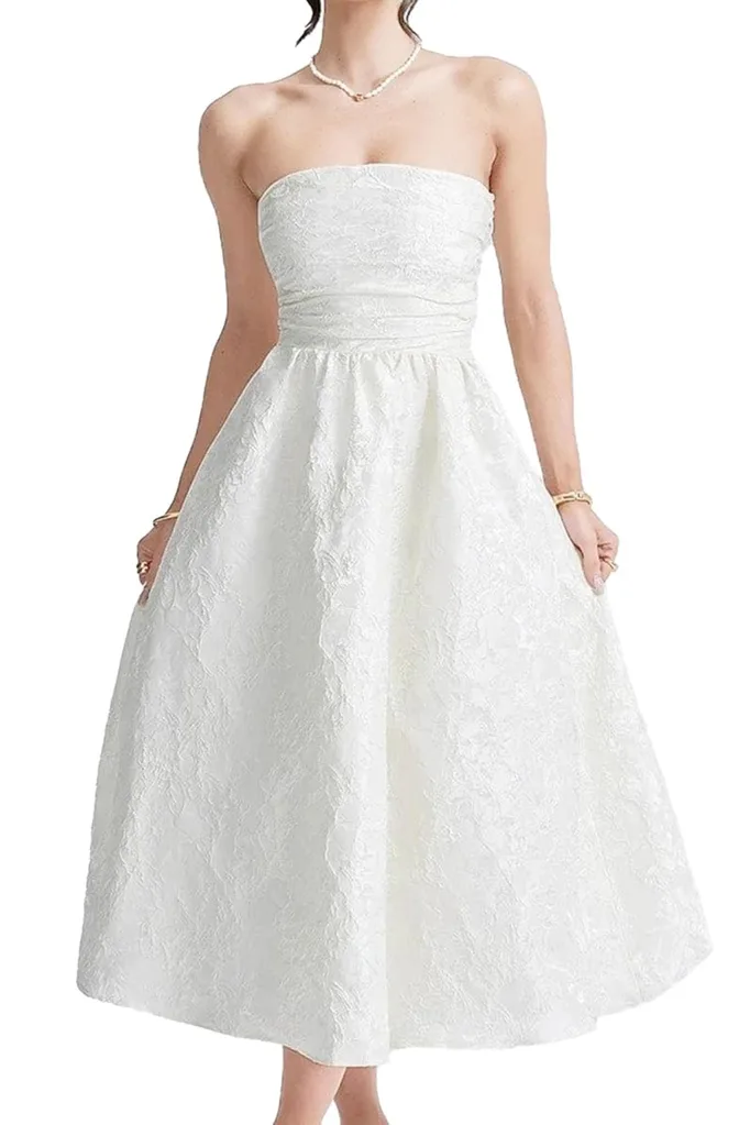 Women Strapless Jacquard Prom Dress A Line Corset Knee Length Cocktail Frock Embroidery Satin Evening Party Gown