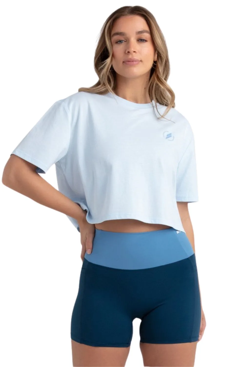 Doyoueven Women’s Athleisure Crop Tee - Light Blue