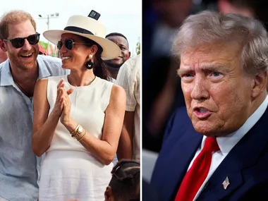 Prince Harry and Meghan together and head shot of Trump
