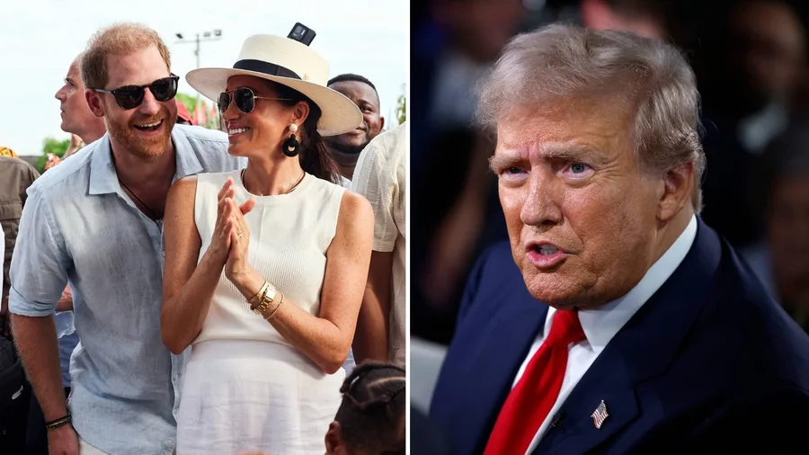 Prince Harry and Meghan together and head shot of Trump