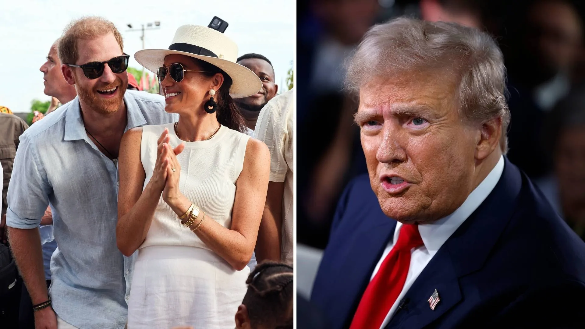 Prince Harry and Meghan together and head shot of Trump