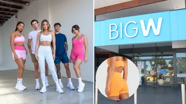 Group of men and women in activewear and a Big W store front