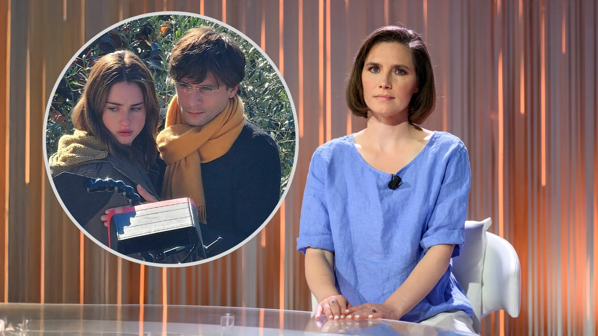 Amanda Knox is wearing a blue top and looking to camera. There is an inset image of the two actors in the new TV show about her life.