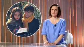 Amanda Knox is wearing a blue top and looking to camera. There is an inset image of the two actors in the new TV show about her life.