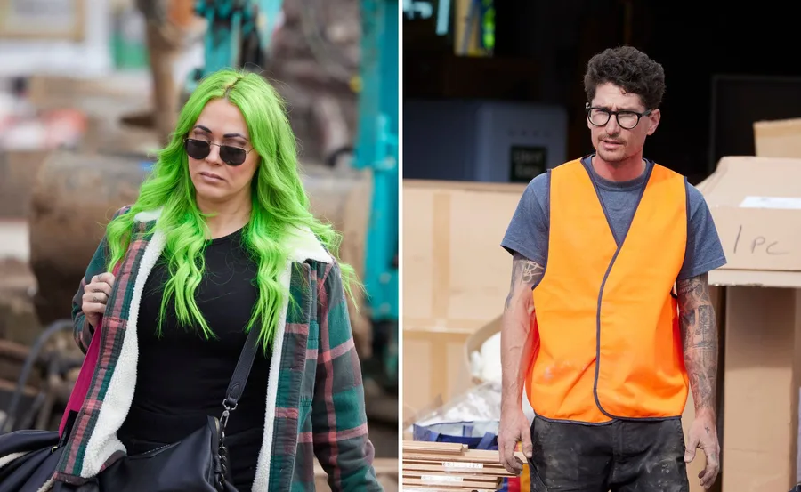Two individuals in contrasting settings: Left with bright green hair and sunglasses; right in safety vest near cardboard boxes.
