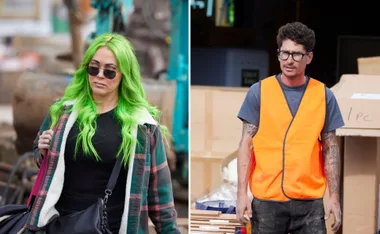 Two individuals in contrasting settings: Left with bright green hair and sunglasses; right in safety vest near cardboard boxes.