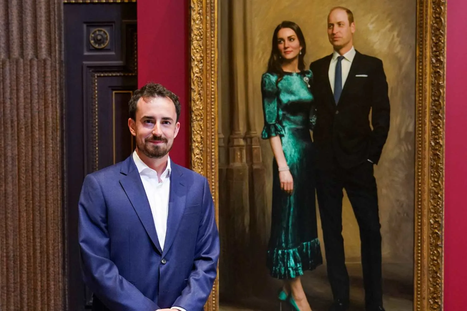 Artist Jamie Coreth with portrait of Kate Middleton and Prince William 