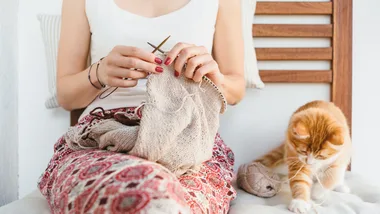 Woman knitting next to cat