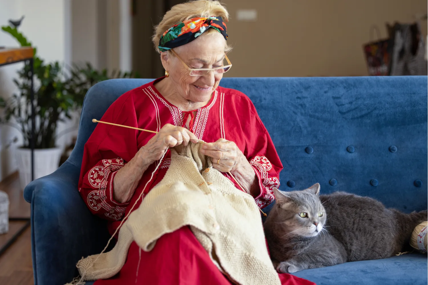 Woman knitting on couch with cat