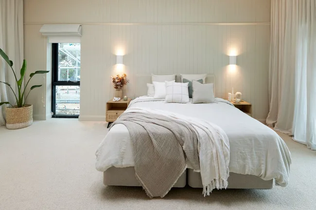 main bedroom of maddy and charlotte's winning The Block Australia 2024 house