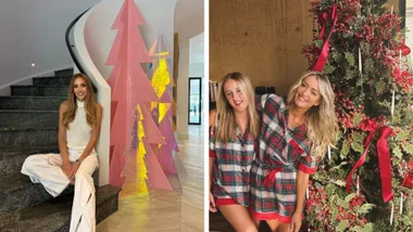 Bec Judd and Jackie 'O' in front of their Christmas trees