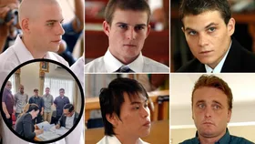 There are five images of young men who are known as the Bali Nine at the time of their court cases and an inset photo of them now, standing watching an official sign their freedom papers.