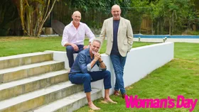 Cameron, Lachlan and Andrew Daddo pose on steps together