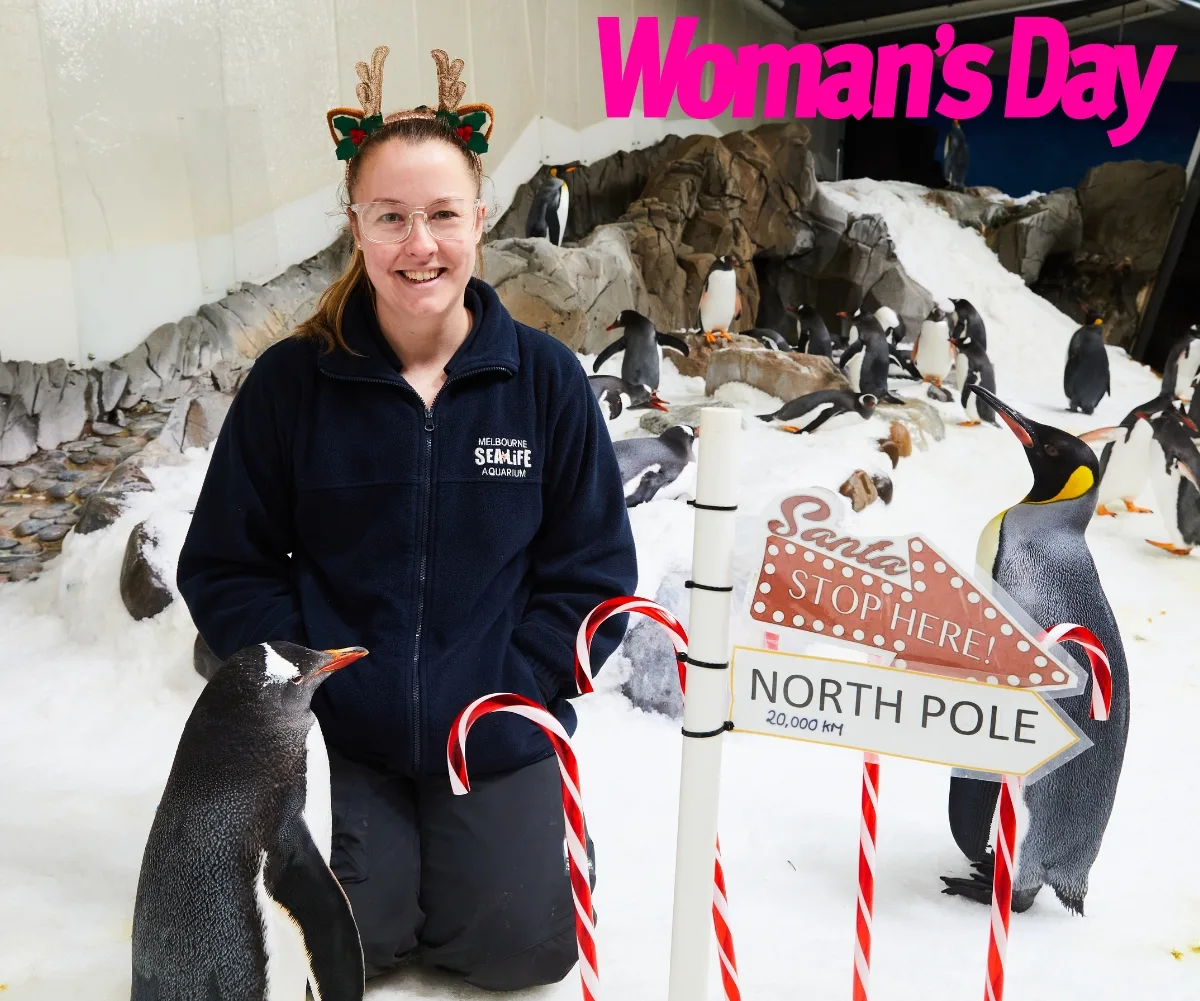 A woman in Sea Life uniform is smiling and has two penguins next to her.