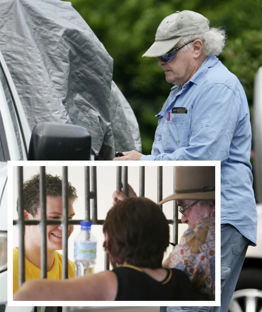 An older man with sunglasses and a cap stands in profile. There is an inset of the same man years ago with his son whose face is shown behind bars