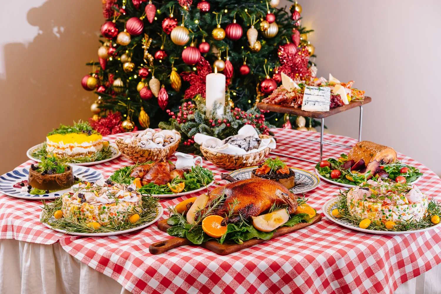 Christmas table spread with turkey