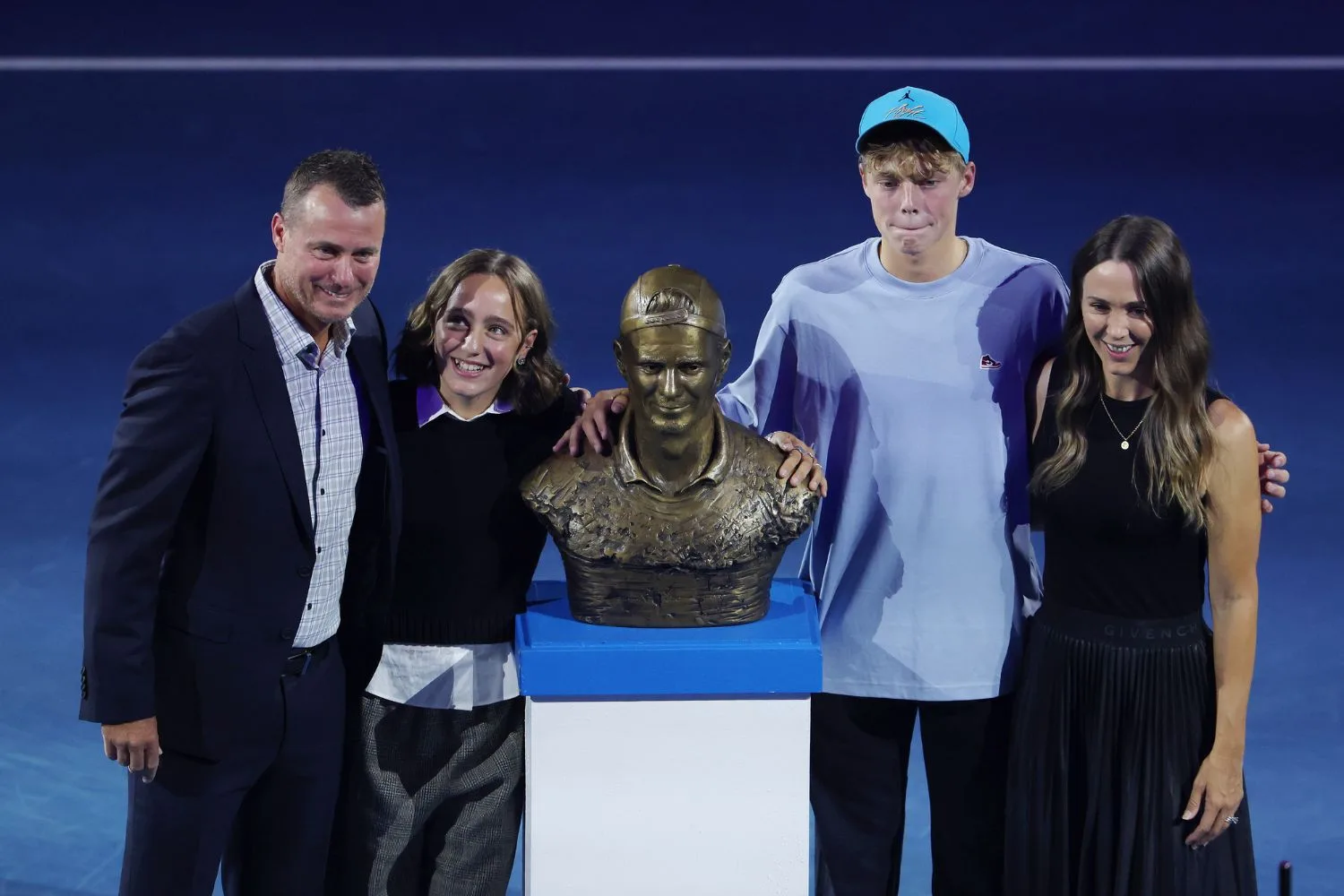 Lleyton Hewitt, Ava Hewitt, Cruz Hewitt and Bec Hewitt pose after Lleyton is inducted into Australian Tennis Hall of Fame during the 2024 Australian Open