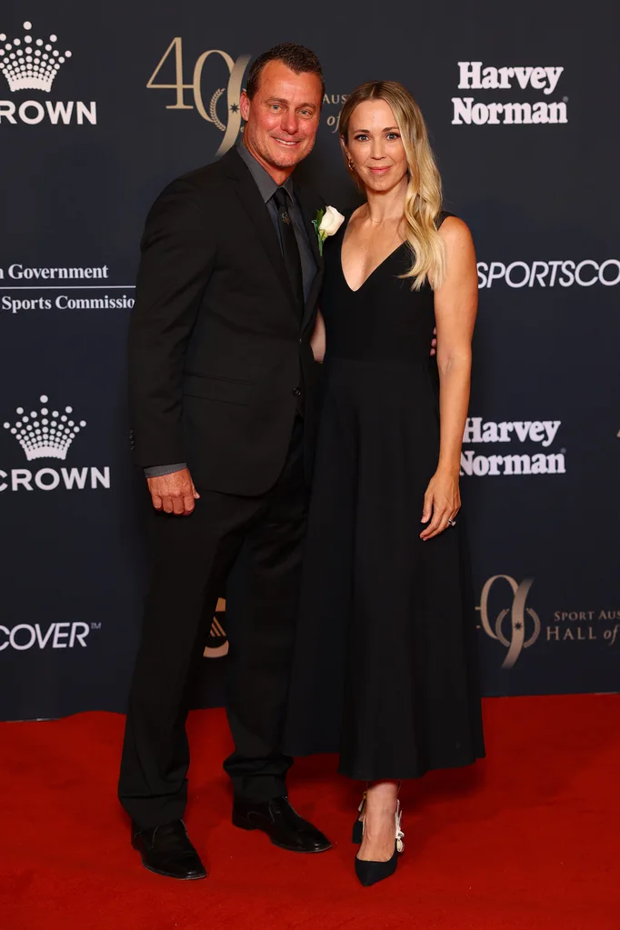 Lleyton Hewitt and Bec Hewitt arrive at the 2025 Sport Australia Hall Of Fame Induction & Awards Gala Dinner at Crown Palladium on November 17, 2025 in Melbourne, Australia.