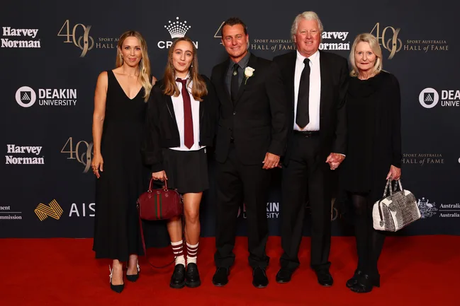 MELBOURNE, AUSTRALIA - NOVEMBER 17: Lleyton Hewitt and family arrive at the 2025 Sport Australia Hall Of Fame Induction & Awards Gala Dinner at Crown Palladium on November 17, 2025 in Melbourne, Australia.