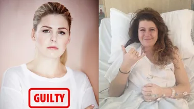 Belle Gibson in white top on left with guilty sign. Victim Bella Johnston in hospital on the right