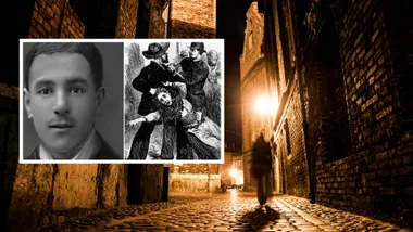 There is a an image of a dark passageway with a shadowy figure and inset black and white historical images of the man thought to be Jack the Ripper and a sketch of the murders.