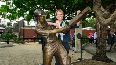 Belinda Clarke with her statue at the Sydney Cricket Ground.