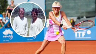 Kerry Ballard is in pink tennis clothes and playing tennis on a red court. There is an inset image of the Kerry when she was younger alongside Evonne Goolagong Cawley.