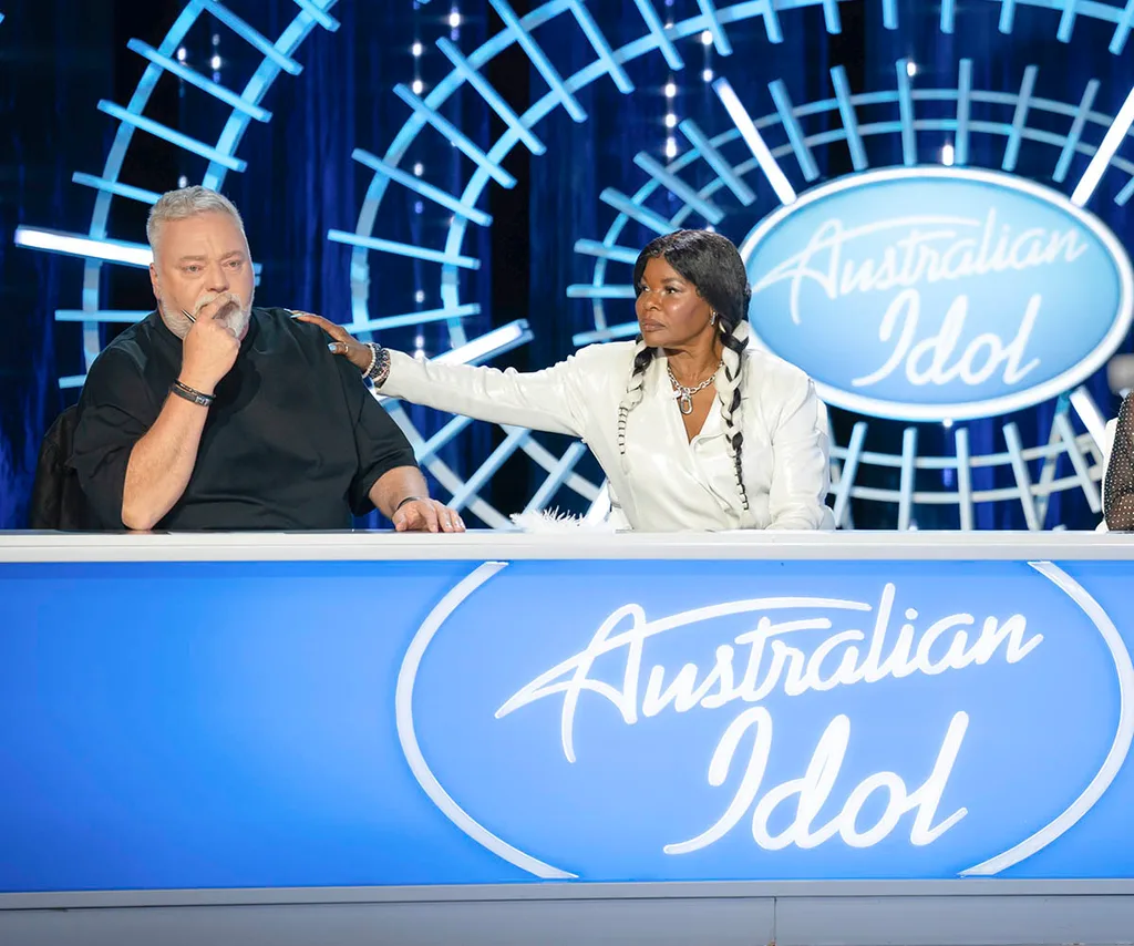 Marcia Hines puts her hand on fellow judge Kyle Sandilands' shoulder during the Australian Idol audtions