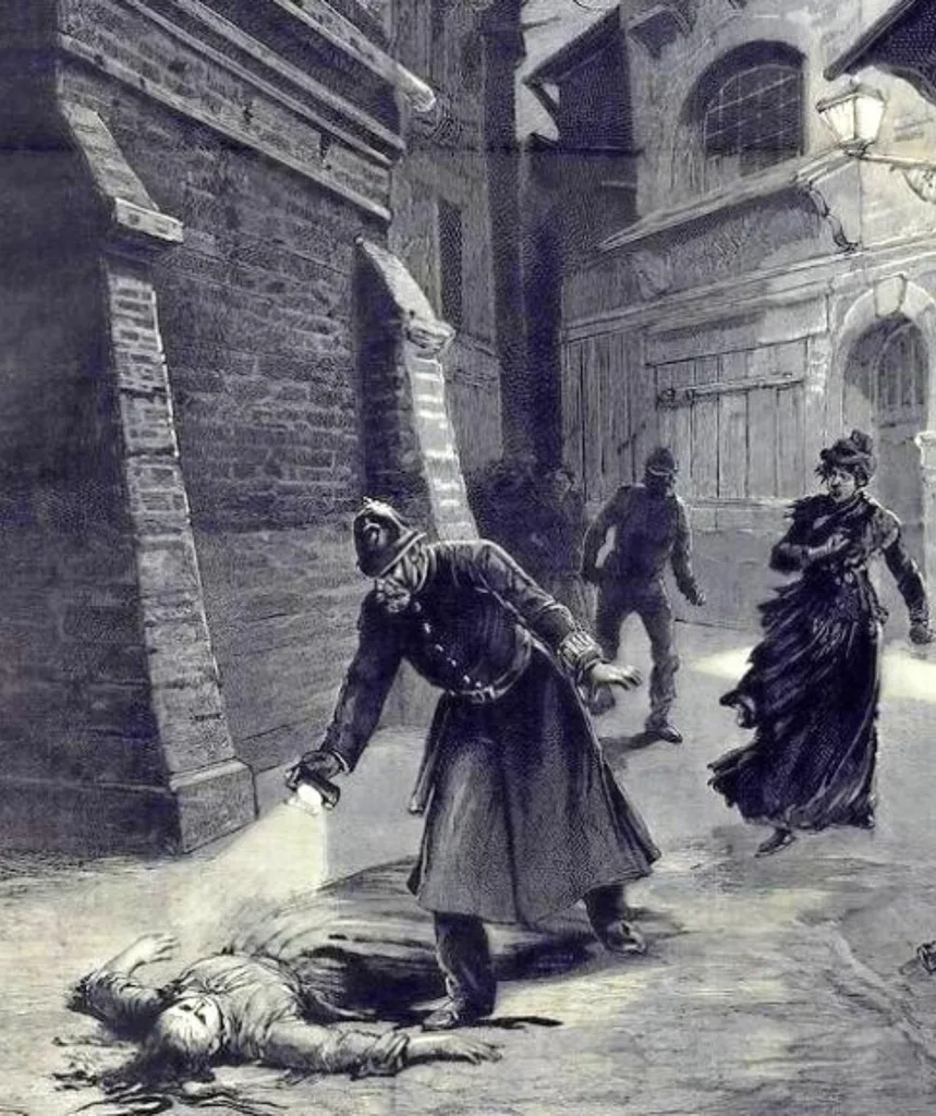 A historical sketch of a policeman looking over a woman lying on the ground.