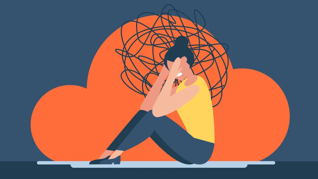 Woman with anxiety touch head surrounded by think. Mental disorder and chaos in consciousness. Frustrated girl with nervous problem feel anxiety and confusion of thoughts flat illustration.