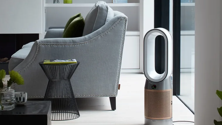 Dyson air purifier on the floor of a living room.