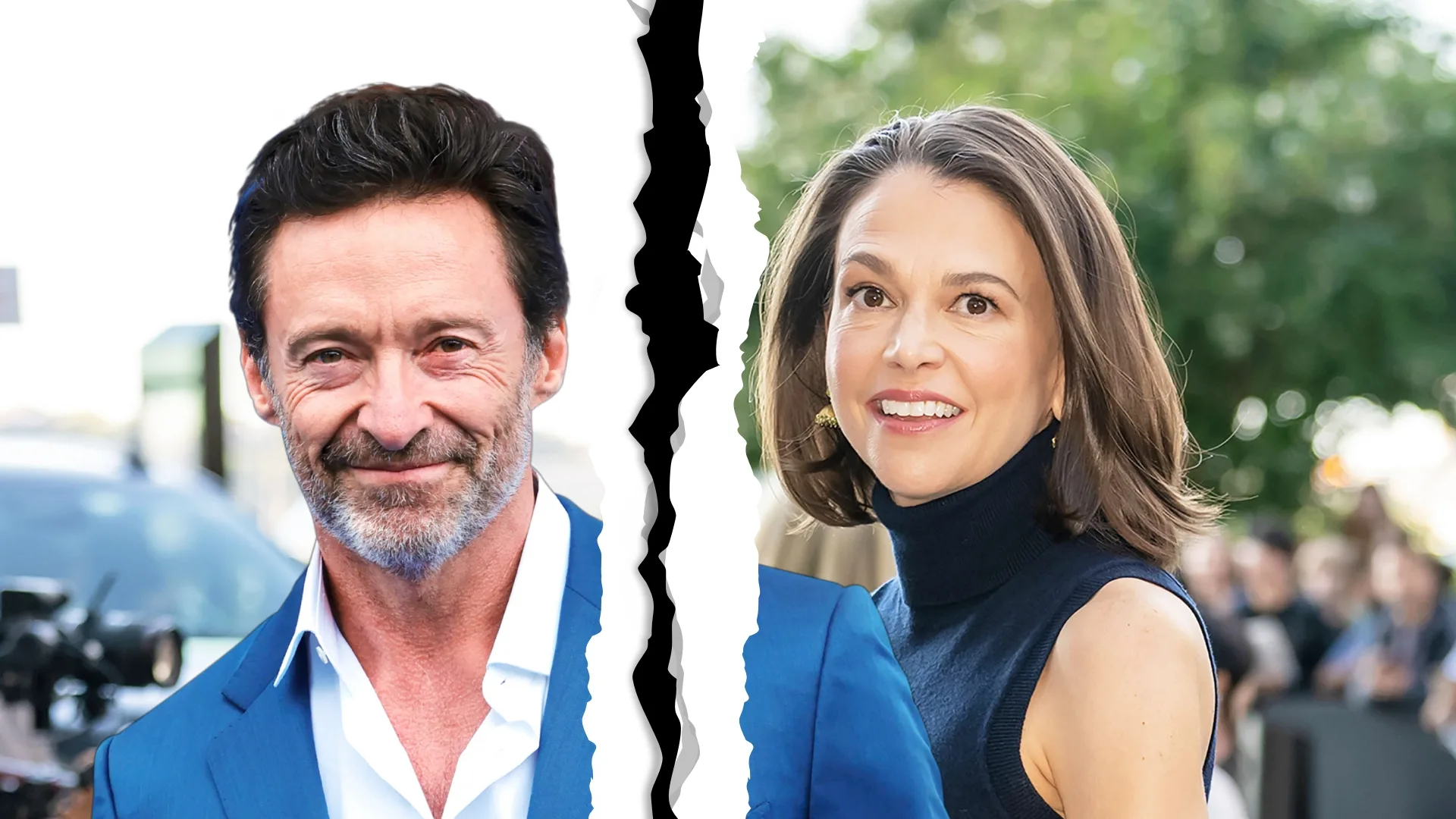 An image of a man with dark hair smiling and a woman with dark hair also smiling and a rip between them.