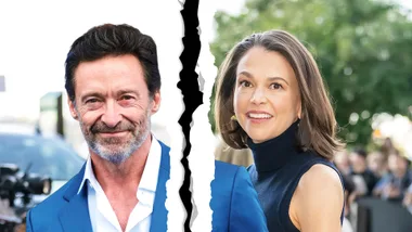 An image of a man with dark hair smiling and a woman with dark hair also smiling and a rip between them.
