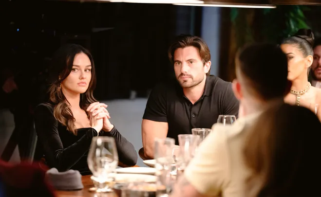 Veronica and Eliot look tense at their first dinner party as an intruder couple