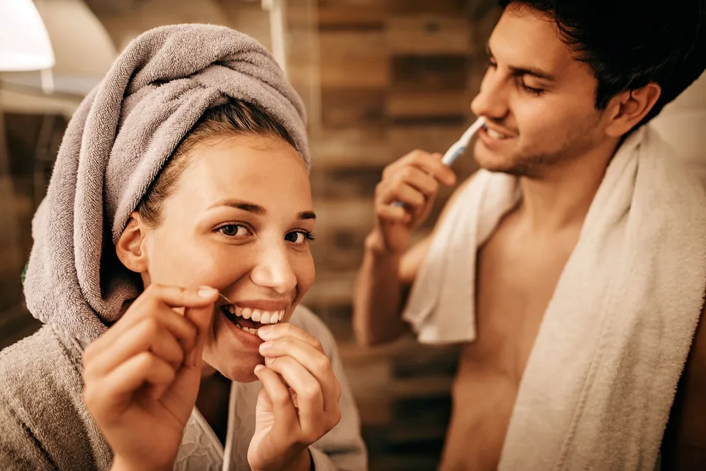 woman flossing next to a man brushing teeth