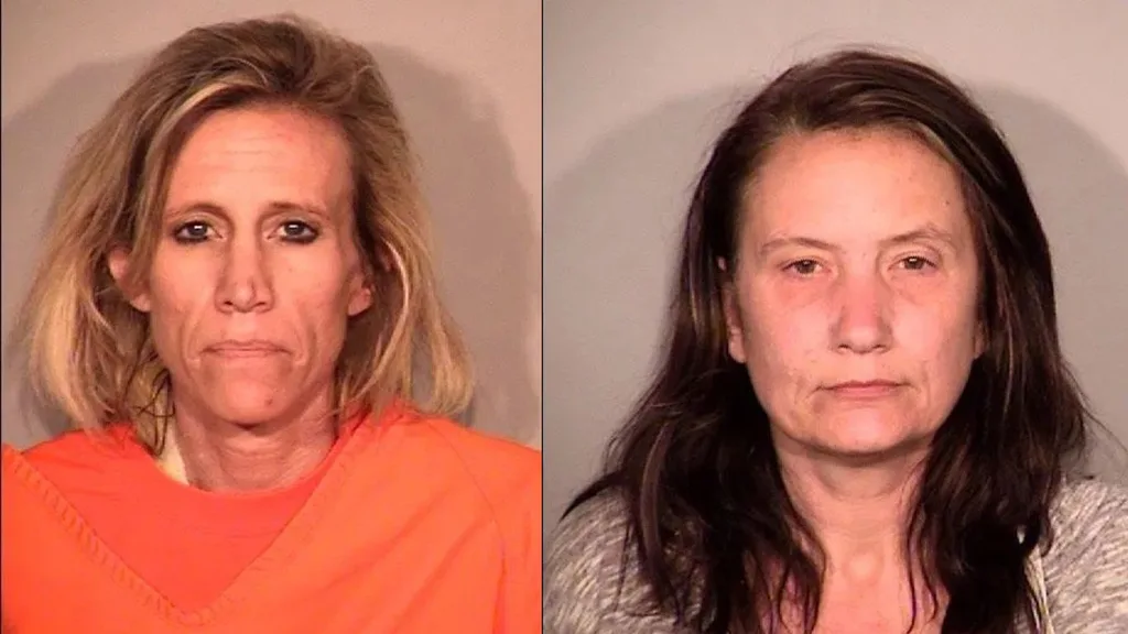 Michel's mugshot on left in orange top and Angela's mugshot on right in grey top