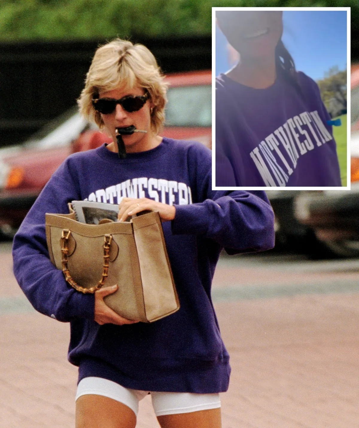 princess diana and meghan markle both wearing the purple northwestern jumper