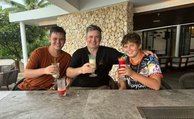 Misha Hammond in Fiji with sons Oliver and Isaac. (Image: Supplied)