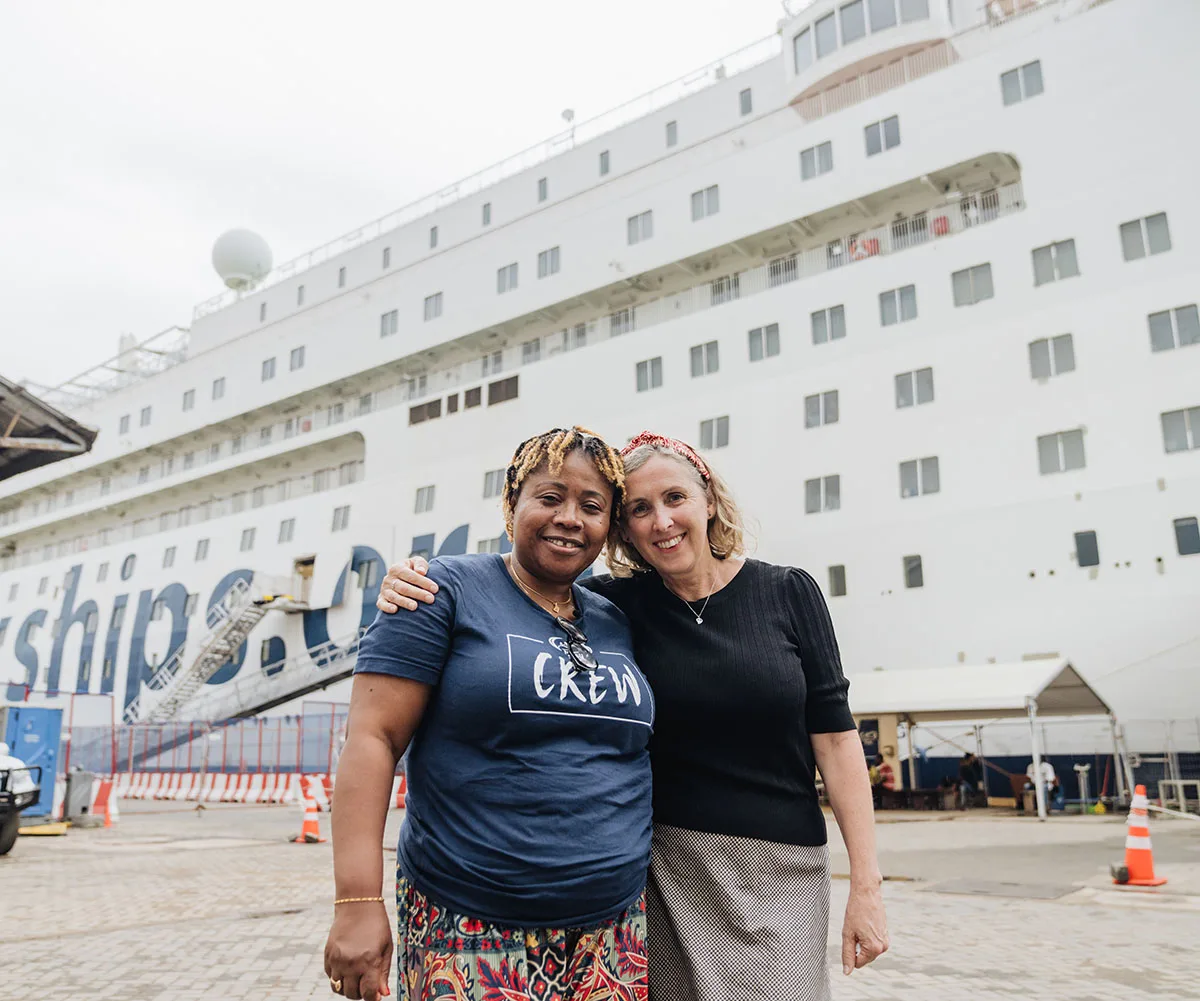 Aly Hall and I together in front of the Global Mercy after not seeing each other for 30 years. (Image: Supplied)