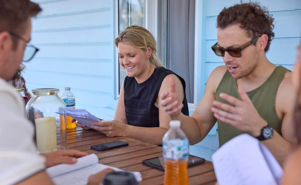 Sophie Dillman and Patrick O'Connor on the set of Home And Away in North Queensland.