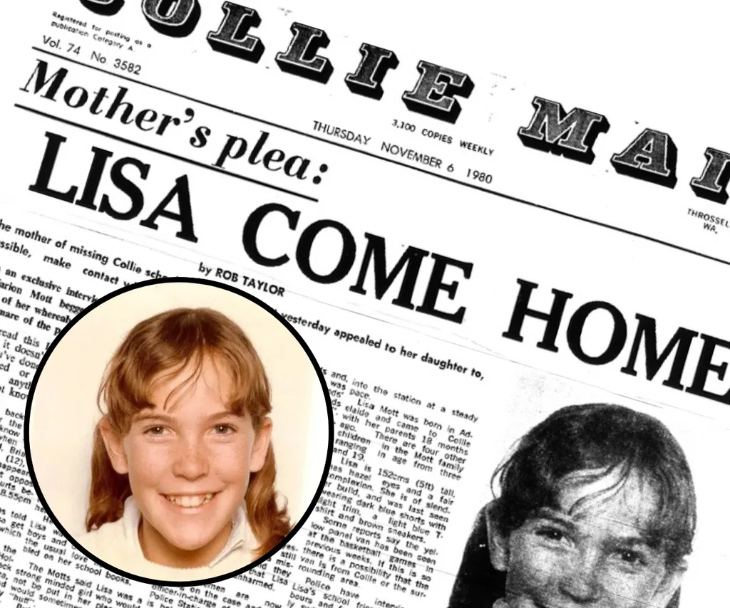 There is a background of an old newspaper clipping with an inset of a young girl smiling to the camera.