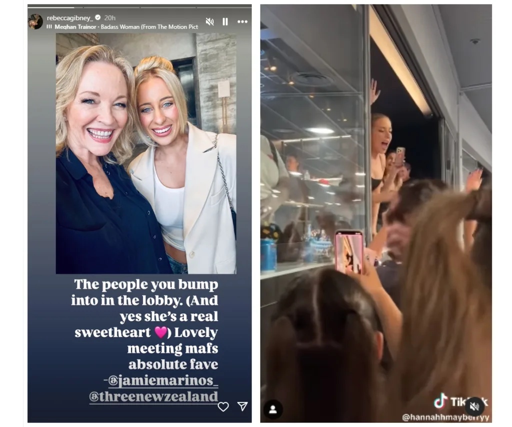 A screenshot of Rebecca Gibney's Instagram and a screengrab of a TikTok of Jamie greeting fans