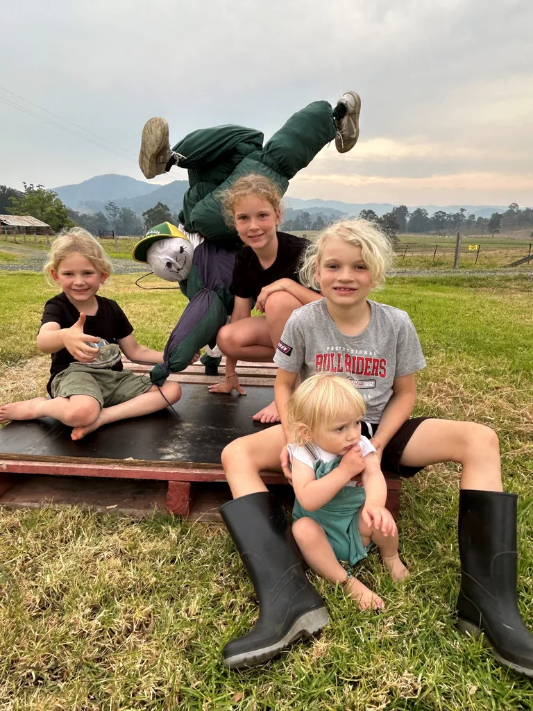 The Hicks kids with Crowgun, their breakdancing scarecrow