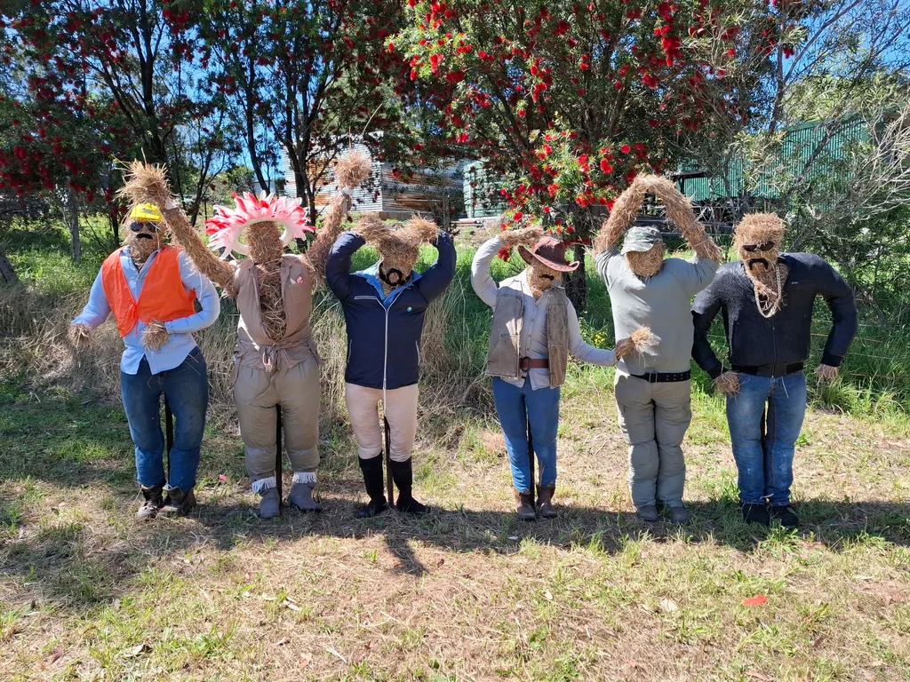 Scarecrows dressed as the Village People from the Scarecrow Spring Fair