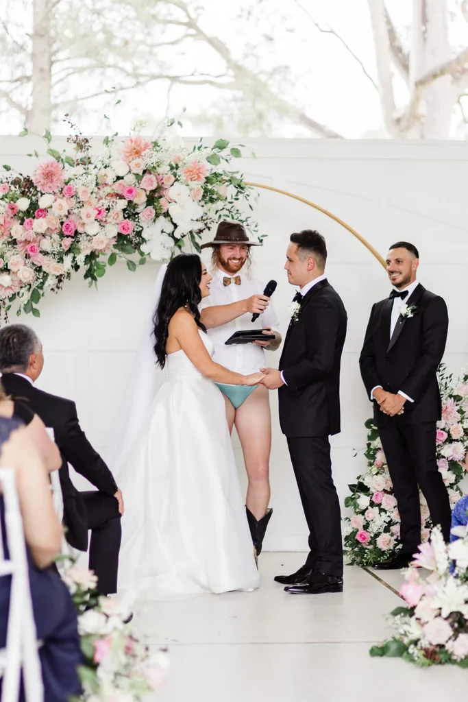 Monty officiates Chris and Catherine's wedding in his Speedo's
