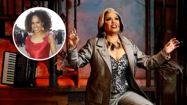 A Black woman is shown performing and there is a smaller image of her as a young woman.