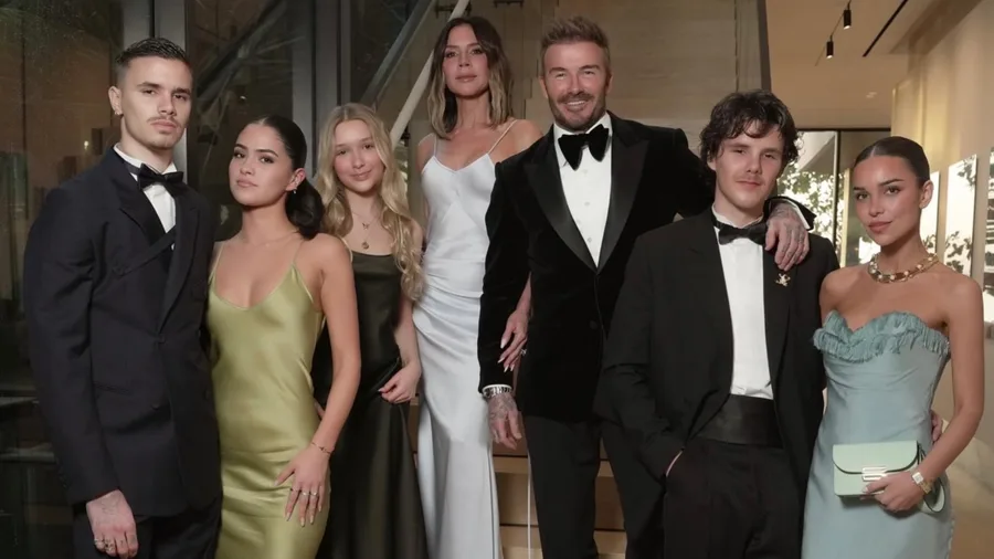 Romeo Beckham, Kim Turnbull, Victoria Beckham, David Beckham, Brooklyn Beckham and Nicola Peltz-Beckham.
