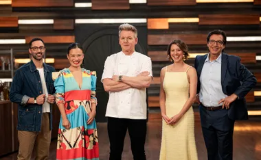 From left to right, MasterChef Australia judges Andy Allen, Poh Ling Yeow, Gordon Ramsay, Sofia Levin and Jean-Christophe Novelli