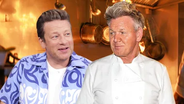 Two middle aged men are smirking.