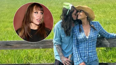 A couple nuzzle each other and there is an inset photo of a younger woman.